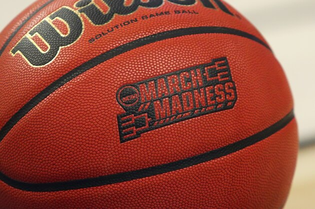A closeup view of an official game ball with the March Madness logo during a second-round men's college basketball game between Villanova and Wisconsin in the NCAA Tournament, Saturday, March 18, 2017, in Buffalo, N.Y. (AP Photo/Bill Wippert)
