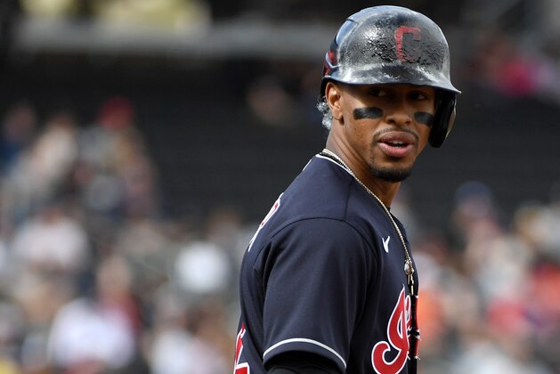LAS VEGAS, NEVADA - FEBRUARY 29:  Francisco Lindor #12 of the Cleveland Indians stands on first base after getting a hit against the Oakland Athletics during their exhibition game at Las Vegas Ballpark on February 29, 2020 in Las Vegas, Nevada. The Athletics defeated the Indians 8-6.  (Photo by Ethan Miller/Getty Images)