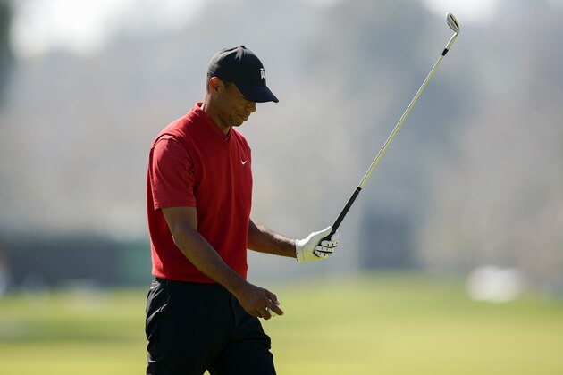Tiger Woods reacts after holing out for birdie from the greenside bunker on the 17th hole during the final round of the Genesis Invitational golf tournament at Riviera Country Club, Sunday, Feb. 16, 2020, in the Pacific Palisades area of Los Angeles. (AP Photo/Ryan Kang)