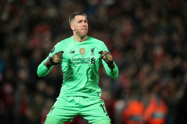 LIVERPOOL, ENGLAND - MARCH 11: Adrian of Liverpool celebrates after his team scored a goal to make it 2-0  during the UEFA Champions League round of 16 second leg match between Liverpool FC and Atletico Madrid at Anfield on March 11, 2020 in Liverpool, United Kingdom. (Photo by Robbie Jay Barratt - AMA/Getty Images)
