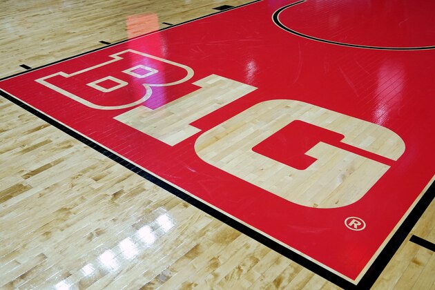 PISCATAWAY, NJ - DECEMBER 11:  Big Ten logo on the floor before a college basketball game between the Wisconsin Badgers and the Rutgers Scarlet Knights at the Rutgers Athletic Center on December 11, 2019 in Piscataway, New Jersey.  (Photo by Mitchell Layton/Getty Images)