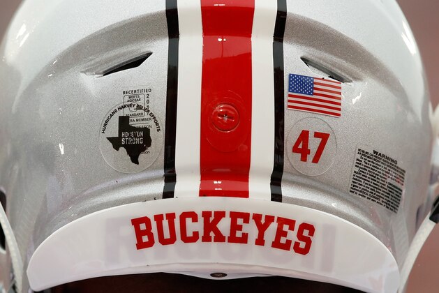 BLOOMINGTON, IN - AUGUST 31:  The Ohio State Buckeyes are wearing stickers on their helmets showing their support for the those affected by Hurricane Harvey in their game against the Indiana Hoosiers at Memorial Stadium on August 31, 2017 in Bloomington, Indiana.  (Photo by Andy Lyons/Getty Images)