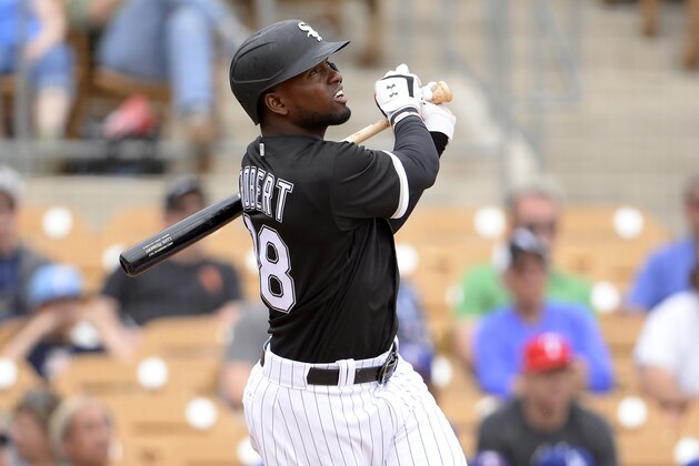 GLENDALE, ARIZONA - MARCH 10:  Luis Robert #88 of the Chicago White Sox bats against the Texas Rangers on March 10, 2020 at Camelback Ranch in Glendale Arizona. (Photo by Ron Vesely/Getty Images)