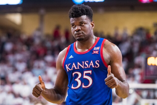 LUBBOCK, TEXAS - MARCH 07: Center Udoka Azubuike of the Kansas Jayhawks gestures LUBBOCK, TEXAS - MARCH 07: Center Udoka Azubuike of the Kansas Jayhawks gestures