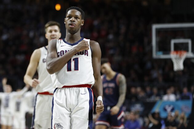 Gonzaga's Joel Ayayi (11) celebrates after scoring against Saint Mary's in the second half of an NCAA college basketball game in the final of the West Coast Conference men's tournament Tuesday, March 10, 2020, in Las Vegas. (AP Photo/John Locher)