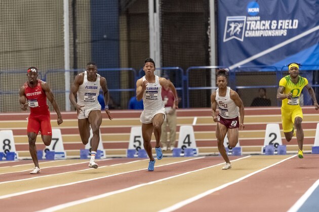 Florida's Hakim Sani Brown runs in the men's 60 meter dash final during the NCAA Division I indoor athletics championships, Saturday, March 9, 2019, in Birmingham, Ala. Athletes pictured, from left, Houston's Mario Burke, Florida's Grant Holloway, Florida's Hakim Sani Brown, Florida State's Kasaun James and Oregon's Cravon Gillespie. (AP Photo/Vasha Hunt) Florida's Hakim Sani Brown runs in the men's 60 meter dash final during the NCAA Division I indoor athletics championships, Saturday, March 9, 2019, in Birmingham, Ala. Athletes pictured, from left, Houston's Mario Burke, Florida's Grant Holloway, Florida's Hakim Sani Brown, Florida State's Kasaun James and Oregon's Cravon Gillespie. (AP Photo/Vasha Hunt)