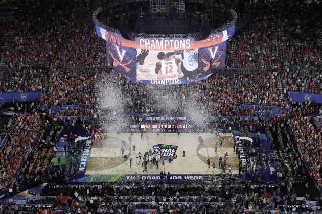 Virginia players celebrates after defeating Texas Tech 85-77 in the overtime in the championship of the Final Four NCAA college basketball tournament, Monday, April 8, 2019, in Minneapolis. (AP Photo/Morry Gash)