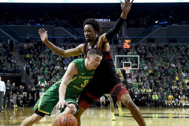 EUGENE, OREGON - MARCH 07: Payton Pritchard #3 of the Oregon Ducks drives to the basket on Tyrell Terry #3 of the Stanford Cardinal during the first half at Matthew Knight Arena on March 07, 2020 in Eugene, Oregon. (Photo by Steve Dykes/Getty Images) EUGENE, OREGON - MARCH 07: Payton Pritchard #3 of the Oregon Ducks drives to the basket on Tyrell Terry #3 of the Stanford Cardinal during the first half at Matthew Knight Arena on March 07, 2020 in Eugene, Oregon. (Photo by Steve Dykes/Getty Images)