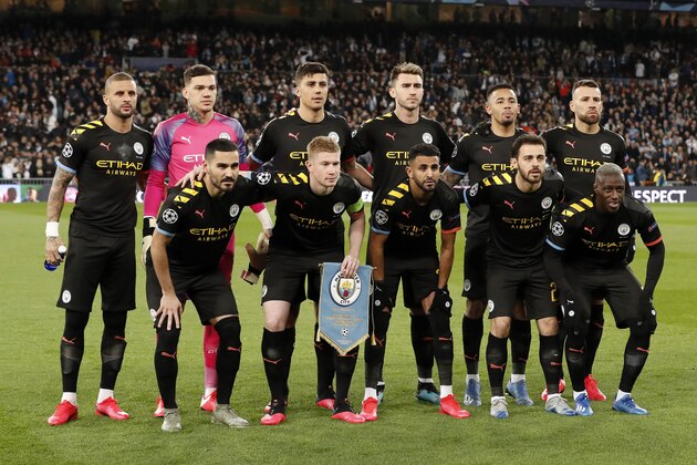 (Top Row L-R) Kyle Walker of Manchester City, Manchester City goalkeeper Ederson, Rodri of Manchester City, Aymeric Laporte of Manchester City, Gabriel Jesus of Manchester City, Nicolas Otamendi of Manchester City 

(Front row L-R) Ilkay Gundogan of Manchester City, Kevin De Bruyne of Manchester City, Riyad Mahrez of Manchester City, Bernardo Silva of Manchester City, Benjamin Mendy of Manchester City during the UEFA Champions League round of 16 first leg match between Real Madrid and Manchester City FC at the Santiago Bernabeu stadium on February 26, 2020 in Madrid, Spain(Photo by ANP Sport via Getty Images)