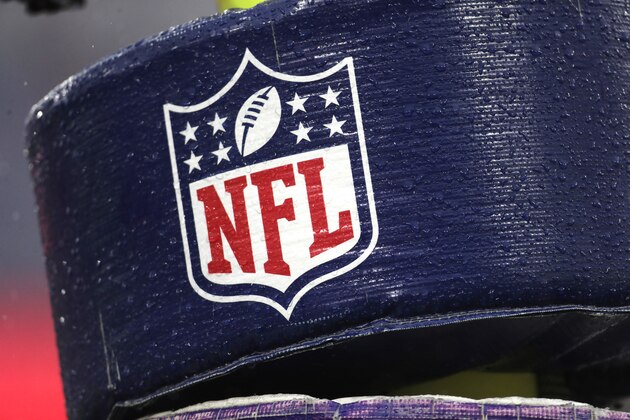 Rain drops are seen on the NFL logo on padding of a goal post at M&T Bank Stadium during the first half of NFL football game between the Baltimore Ravens and the San Francisco 49ers, Sunday, Dec. 1, 2019, in Baltimore. The Ravens won 20-17. (AP Photo/Julio Cortez)
