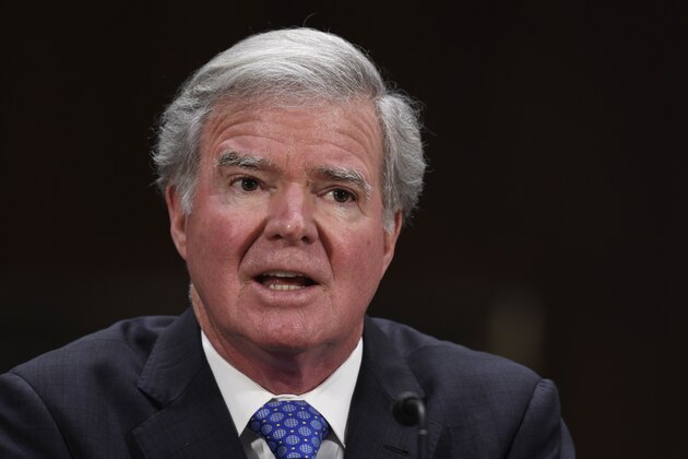 National Collegiate Athletic Association President Mark Emmert testifies during a Senate Commerce subcommittee hearing on Capitol Hill in Washington, Tuesday, Feb. 11, 2020, on intercollegiate athlete compensation. (AP Photo/Susan Walsh)