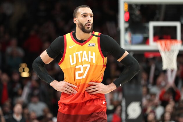 PORTLAND, OREGON - FEBRUARY 01: Rudy Gobert #27 of the Utah Jazz reacts in the fourth quarter against the Portland Trail Blazers during their game at Moda Center on February 01, 2020 in Portland, Oregon. NOTE TO USER: User expressly acknowledges and agrees that, by downloading and or using this photograph, User is consenting to the terms and conditions of the Getty Images License Agreement. (Photo by Abbie Parr/Getty Images)