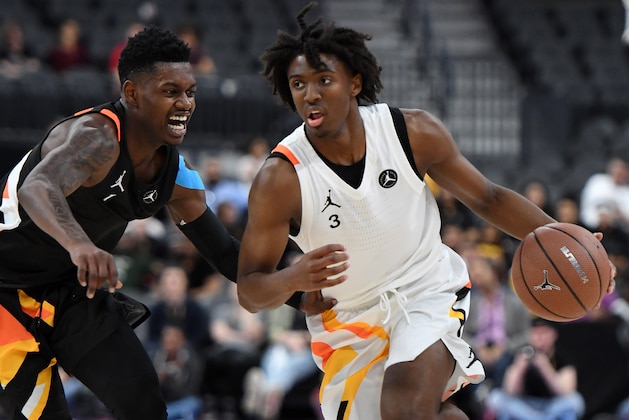 LAS VEGAS, NEVADA - APRIL 20:  Tyrese Maxey #3 drives against Rocket Watts #1 during the Jordan Brand Classic boys high school all-star basketball game at T-Mobile Arena on April 20, 2019 in Las Vegas, Nevada.  (Photo by Ethan Miller/Getty Images)