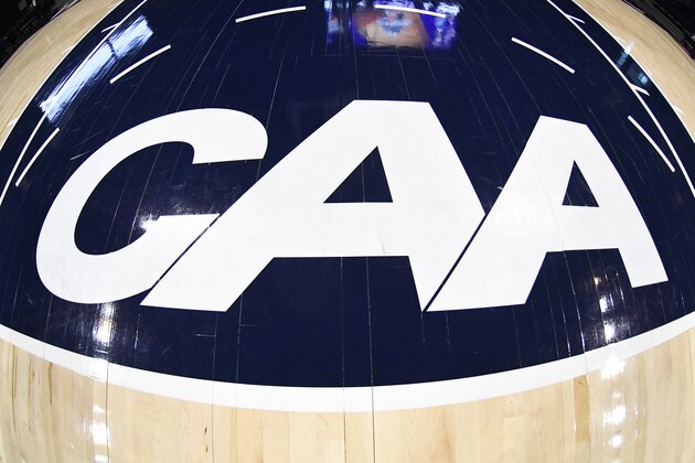 WASHINGTON, DC - MARCH 10:  The CAA logo on the floor before the CAA Men's Basketball Tournament Championship college basketball game between the Hofstra Pride and the Northeastern Huskies at the Entertainment & Sports Arena on March 10, 2020 in Washington, DC.  (Photo by Mitchell Layton/Getty Images)