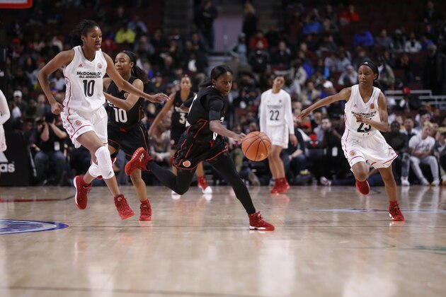 Big East’s Chasity Patterson chases down a loose ball during the second half of the McDonald's All-American girls basketball game against the Big West team Wednesday, March 29, 2017, in Chicago. (AP Photo/Charles Rex Arbogast)