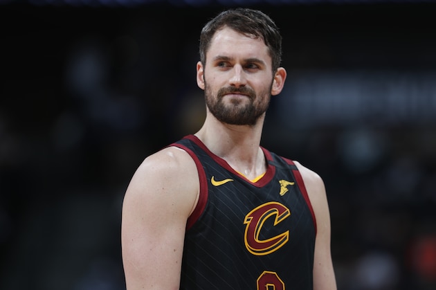 Cleveland Cavaliers forward Kevin Love (0) in the second half of an NBA basketball game Saturday, Jan. 11, 2020, in Denver. The Cavaliers won 111-103. (AP Photo/David Zalubowski)