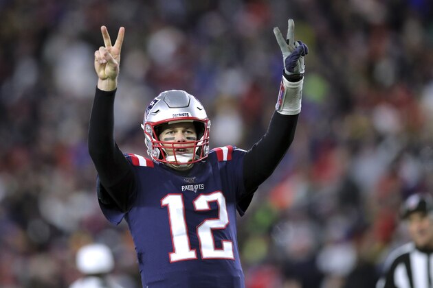 New England Patriots quarterback Tom Brady signals after running back Brandon Bolden scored a touchdown against the Kansas City Chiefs in the second half of an NFL football game, Sunday, Dec. 8, 2019, in Foxborough, Mass. (AP Photo/Charles Krupa) New England Patriots quarterback Tom Brady signals after running back Brandon Bolden scored a touchdown against the Kansas City Chiefs in the second half of an NFL football game, Sunday, Dec. 8, 2019, in Foxborough, Mass. (AP Photo/Charles Krupa)