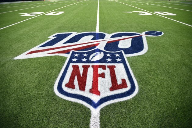 The 100th anniversary logo is shown above the NFL shield before an NFL wild-card playoff football game between the Buffalo Bills and Houston Texans Saturday, Jan. 4, 2020, in Houston. (AP Photo/Eric Christian Smith)