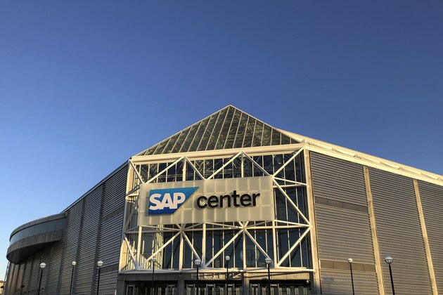 The exterior of SAP Center at San Jose is shown before an NHL hockey game between the San Jose Sharks and the Toronto Maple Leafs in San Jose, Calif., Tuesday, March 3, 2020. (AP Photo/Jeff Chiu)