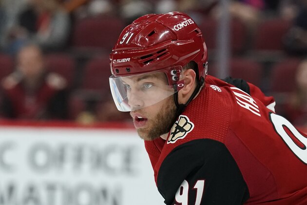 Arizona Coyotes left wing Taylor Hall (91) in the first period during an NHL hockey game against the New York Islanders, Monday, Feb. 17, 2020, in Glendale, Ariz. (AP Photo/Rick Scuteri) Arizona Coyotes left wing Taylor Hall (91) in the first period during an NHL hockey game against the New York Islanders, Monday, Feb. 17, 2020, in Glendale, Ariz. (AP Photo/Rick Scuteri)