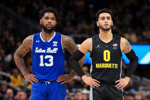 MILWAUKEE, WISCONSIN - FEBRUARY 29: Myles Powell #13 of the Seton Hall Pirates and Markus Howard #0 of the Marquette Golden Eagles look on in the second half at the Fiserv Forum on February 29, 2020 in Milwaukee, Wisconsin. (Photo by Dylan Buell/Getty Images)