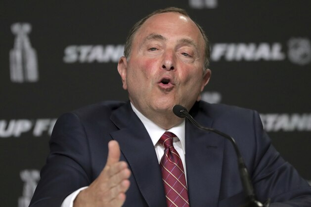 NHL Commissioner Gary Bettman speaks to the media before Game 1 of the NHL hockey Stanley Cup Final between the St. Louis Blues and the Boston Bruins, Monday, May 27, 2019, in Boston. (AP Photo/Charles Krupa)