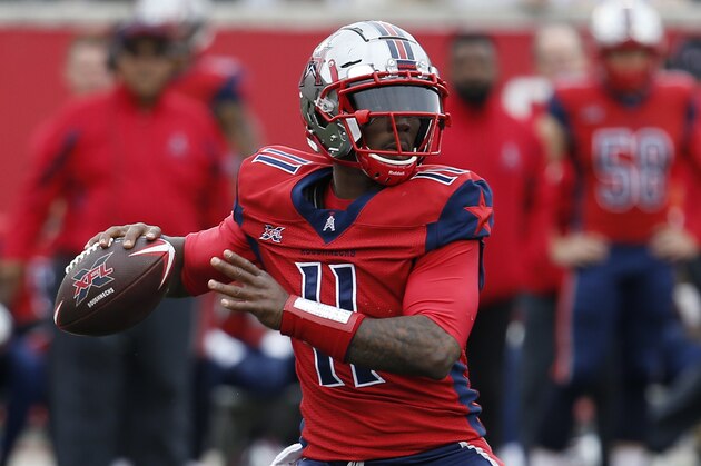 HOUSTON, TEXAS - MARCH 07: P.J. Walker #11 of the Houston Roughnecks throws a pass downfield against the Seattle Dragons during an XFL game at TDECU Stadium on March 07, 2020 in Houston, Texas. (Photo by Bob Levey/Getty Images)