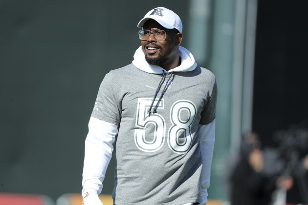 AFC linebacker Von Miller of the Denver Broncos is seen during Pro Bowl NFL football practice, Wednesday, January 22, 2020, in Kissimmee, Fla. (AP Photo/Gregory Payan)