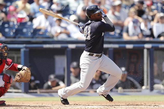 WEST PALM BEACH, FLORIDA - MARCH 12:  Miguel Andujar #41 of the New York Yankees at bat against the Washington Nationals during a Grapefruit League spring training game at FITTEAM Ballpark of The Palm Beaches on March 12, 2020 in West Palm Beach, Florida. (Photo by Michael Reaves/Getty Images)