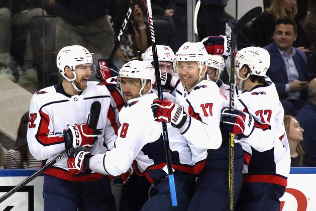 NEW YORK, NEW YORK - MARCH 05: Alex Ovechkin #8 of the Washington Capitals (2nd from left) celebrates his goal 19:17 of the third period against the New York Rangers at Madison Square Garden on March 05, 2020 in New York City. The Rangers defeated the Capitals 5-4 in overtime. (Photo by Bruce Bennett/Getty Images) NEW YORK, NEW YORK - MARCH 05: Alex Ovechkin #8 of the Washington Capitals (2nd from left) celebrates his goal 19:17 of the third period against the New York Rangers at Madison Square Garden on March 05, 2020 in New York City. The Rangers defeated the Capitals 5-4 in overtime. (Photo by Bruce Bennett/Getty Images)