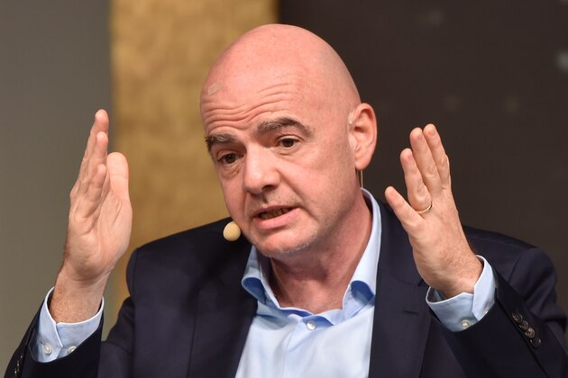 FIFA President Gianni Infantino gestures as he speaks during a public debate with members of the Association of International Sports Press (AIPS) as part of its annual congress on February 3, 2020 in Budapest, Hungary. (Photo by Attila KISBENEDEK / AFP) (Photo by ATTILA KISBENEDEK/AFP via Getty Images)