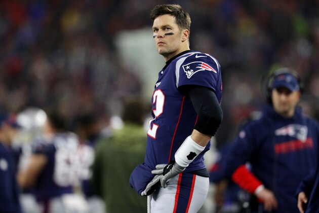 FOXBOROUGH, MASSACHUSETTS - JANUARY 04: Tom Brady #12 of the New England Patriots looks on from the sideline during the the AFC Wild Card Playoff game against the Tennessee Titans at Gillette Stadium on January 04, 2020 in Foxborough, Massachusetts. (Photo by Maddie Meyer/Getty Images)