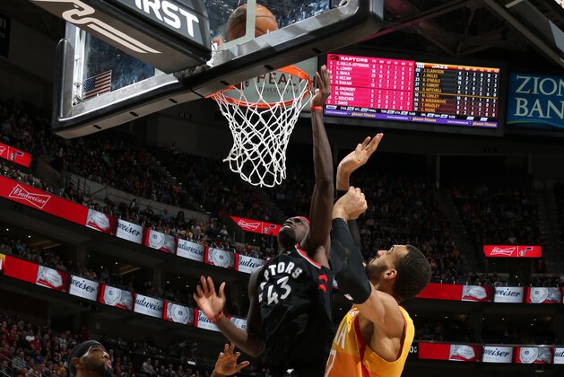 SALT LAKE CITY, UT - MARCH 9: Pascal Siakam #43 of the Toronto Raptors shoots the ball against the Utah Jazz on March 9, 2020 at vivint.SmartHome Arena in Salt Lake City, Utah. NOTE TO USER: User expressly acknowledges and agrees that, by downloading and or using this Photograph, User is consenting to the terms and conditions of the Getty Images License Agreement. Mandatory Copyright Notice: Copyright 2020 NBAE (Photo by Melissa Majchrzak/NBAE via Getty Images)