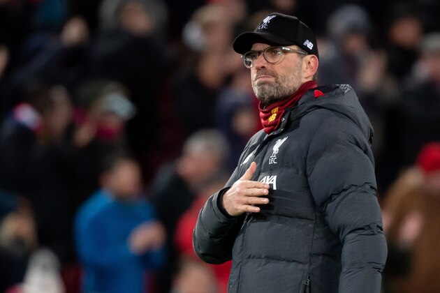 LIVERPOOL, ENGLAND - MARCH 11: (BILD ZEITUNG OUT) head coach Juergen Klopp of Liverpool FC looks on after the UEFA Champions League round of 16 second leg match between Liverpool FC and Atletico Madrid at Anfield on March 11, 2020 in Liverpool, United Kingdom. (Photo by Max Maiwald/DeFodi Images via Getty Images)