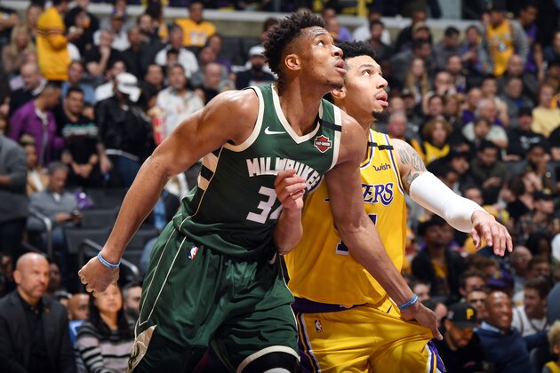 LOS ANGELES, CA - MARCH 6: Giannis Antetokounmpo #34 of the Milwaukee Bucks fights for position during the game against the Los Angeles Lakers on March 6, 2020 at STAPLES Center in Los Angeles, California. NOTE TO USER: User expressly acknowledges and agrees that, by downloading and/or using this Photograph, user is consenting to the terms and conditions of the Getty Images License Agreement. Mandatory Copyright Notice: Copyright 2020 NBAE (Photo by Andrew D. Bernstein/NBAE via Getty Images)
