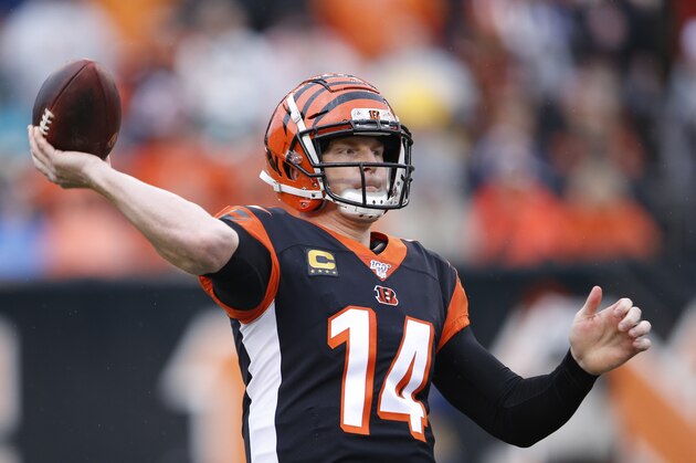 Cincinnati Bengals quarterback Andy Dalton throws during the first half of an NFL football game against the Cleveland Browns, Sunday, Dec. 29, 2019, in Cincinnati. (AP Photo/Gary Landers)