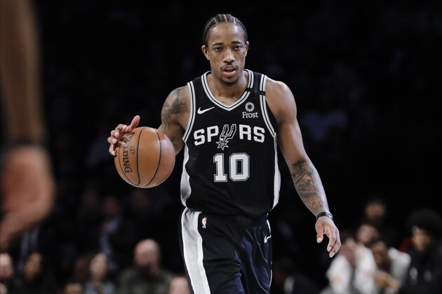 San Antonio Spurs' DeMar DeRozan (10) looks to pass during the first half of an NBA basketball game =an= Friday, March 6, 2020, in New York. (AP Photo/Frank Franklin II)