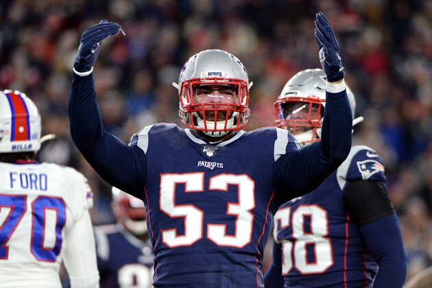 FOXBOROUGH, MASSACHUSETTS - DECEMBER 21: Kyle Van Noy #53 of the New England Patriots celebrates during the first half against the Buffalo Bills in the game at Gillette Stadium on December 21, 2019 in Foxborough, Massachusetts. (Photo by Kathryn Riley/Getty Images)