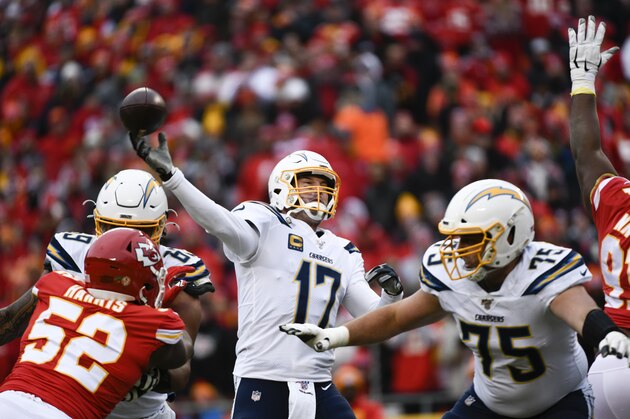 Los Angeles Chargers quarterback Philip Rivers (17) throws against the Kansas City Chiefs during the first half of an NFL football game in Kansas City, Mo., Sunday, Dec. 29, 2019. (AP Photo/Reed Hoffmann)