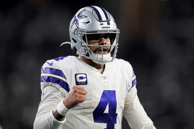 ARLINGTON, TEXAS - DECEMBER 29: Dak Prescott #4 of the Dallas Cowboys celebrates in the third quarter against the Washington Redskins in the game at AT&T Stadium on December 29, 2019 in Arlington, Texas. (Photo by Tom Pennington/Getty Images)