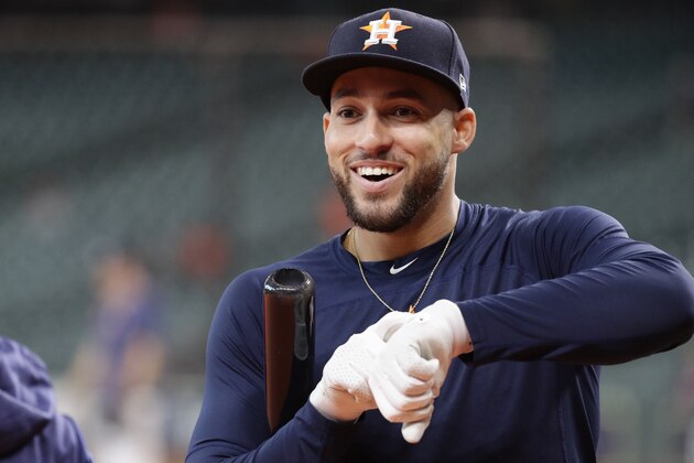Houston Astros right fielder George Springer prepares to take batting practice before Game 6 of baseball's American League Championship Series against the New York Yankees Saturday, Oct. 19, 2019, in Houston. (AP Photo/Eric Gay)