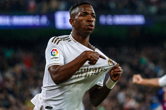 MADRID, SPAIN - MARCH 01: (BILD ZEITUNG OUT) Vinicius Junior of Real Madrid celebrates after scoring his team`s first goal 1:0  during the Liga match between Real Madrid CF and FC Barcelona at Estadio Santiago Bernabeu on March 1, 2020 in Madrid, Spain. (Photo by DeFodi Images via Getty Images)