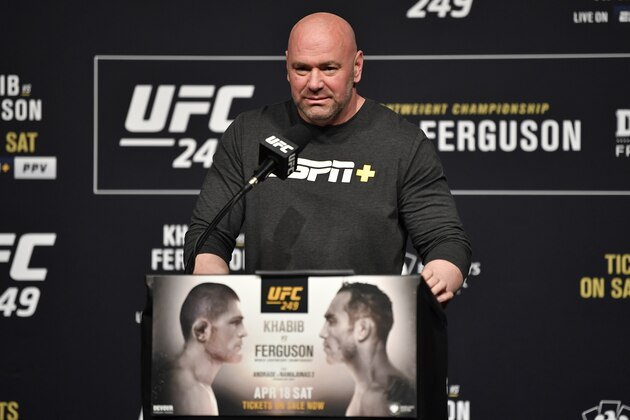 LAS VEGAS, NEVADA - MARCH 06: UFC president Dana White interacts with media during the UFC 249 press conference at T-Mobile Arena on March 06, 2020 in Las Vegas, Nevada. (Photo by Jeff Bottari/Zuffa LLC)
