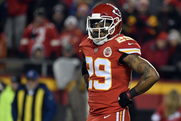 FILE - In this Dec. 13, 2018, file photo, Kansas City Chiefs defensive back Eric Berry (29) pauses during the first half of an NFL football game against the Los Angeles Chargers in Kansas City, Mo. The Chiefs began free agency by cutting one of their most popular players in strong safety Eric Berry, who was a dynamic presence when he was healthy but had missed significant time throughout his career. (AP Photo/Ed Zurga, File)