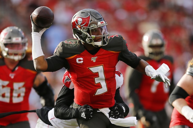 TAMPA, FLORIDA - DECEMBER 29:  Jameis Winston #3 of the Tampa Bay Buccaneers throws a pass under pressure against the Atlanta Falcons during the second half at Raymond James Stadium on December 29, 2019 in Tampa, Florida. (Photo by Michael Reaves/Getty Images)