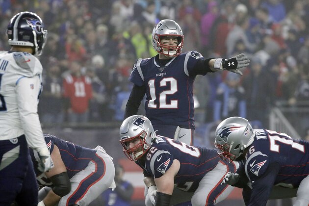 New England Patriots quarterback Tom Brady calls signals at the line of scrimmage in the first half of an NFL wild-card playoff football game against the Tennessee Titans, Saturday, Jan. 4, 2020, in Foxborough, Mass. (AP Photo/Elise Amendola)