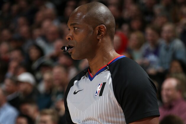 SALT LAKE CITY, UT - MARCH 9: Referee, Courtney  Kirkland looks on during the game between the Utah Jazz and the Toronto Raptors on March 9, 2020 at vivint.SmartHome Arena in Salt Lake City, Utah. NOTE TO USER: User expressly acknowledges and agrees that, by downloading and or using this Photograph, User is consenting to the terms and conditions of the Getty Images License Agreement. Mandatory Copyright Notice: Copyright 2020 NBAE (Photo by Melissa Majchrzak/NBAE via Getty Images)
