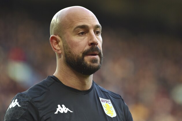 Aston Villa's goalkeeper Pepe Reina during the English Premier League soccer match between Aston Villa and Tottenham Hotspur at Villa Park in Birmingham, England, Sunday, Feb. 16, 2020. (AP Photo/Rui Vieira) Aston Villa's goalkeeper Pepe Reina during the English Premier League soccer match between Aston Villa and Tottenham Hotspur at Villa Park in Birmingham, England, Sunday, Feb. 16, 2020. (AP Photo/Rui Vieira)