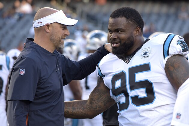 Chicago Bears head coach Matt Nagy, left, talks with Carolina Panthers' Dontari Poe before an NFL preseason football game Thursday, Aug. 8, 2019, in Chicago. (AP Photo/Mark Black) Chicago Bears head coach Matt Nagy, left, talks with Carolina Panthers' Dontari Poe before an NFL preseason football game Thursday, Aug. 8, 2019, in Chicago. (AP Photo/Mark Black)