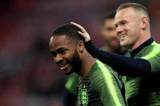 LONDON, ENGLAND - NOVEMBER 15: Raheem Sterling and Wayne Rooney of England during the International Friendly match between England and United States at Wembley Stadium on November 15, 2018 in London, United Kingdom. (Photo by Marc Atkins/Getty Images)